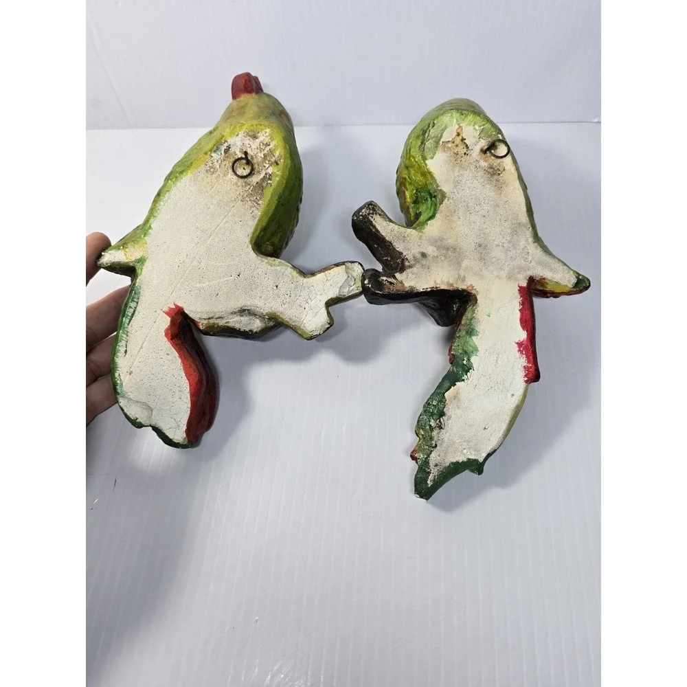 Mid-Century Chalkware Parrot Bird Wall Hanging Sculptures Set Of 2 Tropical Life